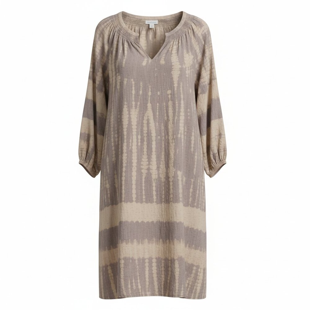 J Jill Tie Dye Midi Dress M Beige Taupe Long Sleeve Boho Relaxed Shift Dress